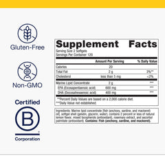 Box packaging of Metagenics OmegaGenics EPA-DHA 500 emphasizing sustainability.