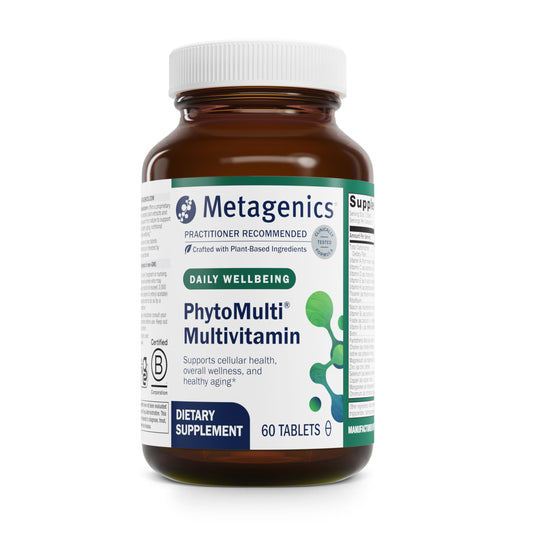 Metagenics PhytoMulti Without Iron bottle front view for daily antioxidant support.