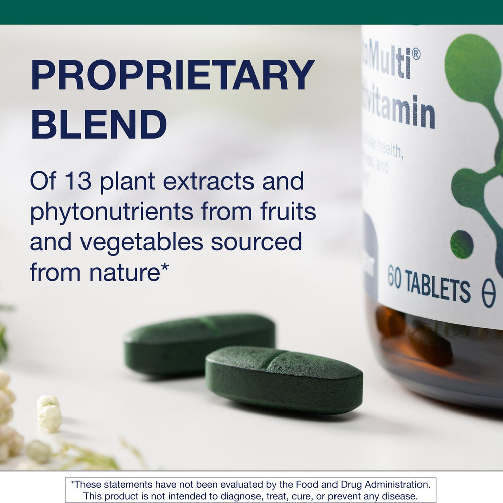 Metagenics PhytoMulti Without Iron tablets close-up showing vegetarian capsules for daily use.