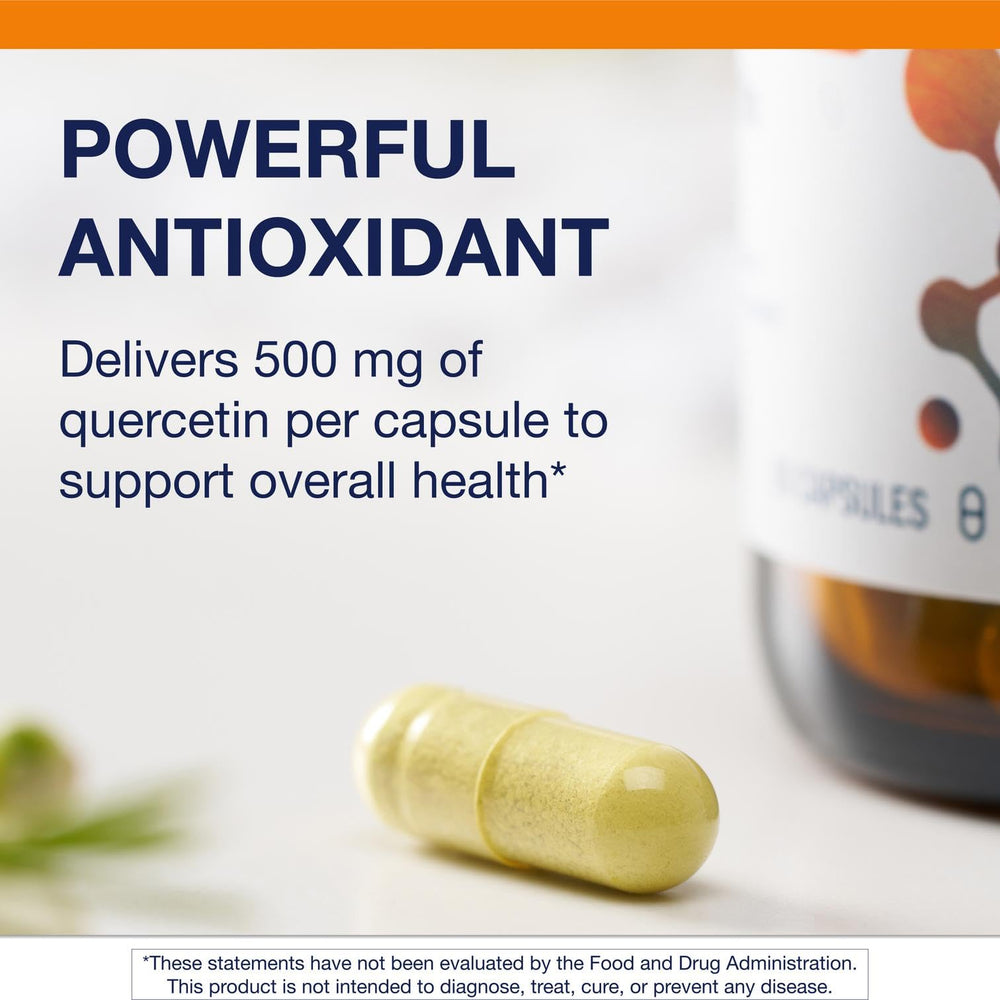 Metagenics Quercetin bottle side label highlights non-GMO, gluten-free, and vegan attributes.