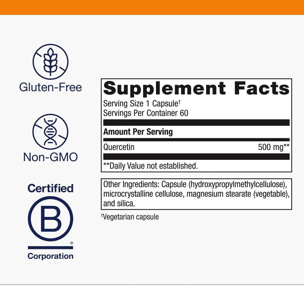 Metagenics Quercetin ingredients panel lists quercetin content and source details.