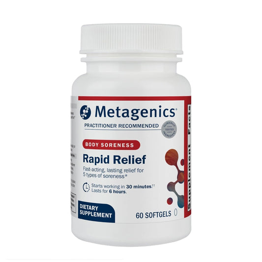 Metagenics Rapid Relief bottle with softgels for quick comfort support