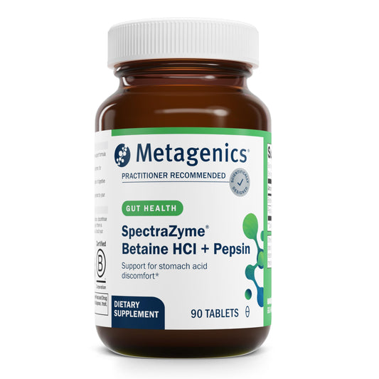 Metagenics SpectraZyme bottle with capsules for protein digestion support