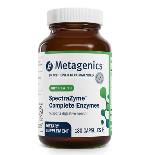 Metagenics SpectraZyme enzyme complex bottle supports digestion.