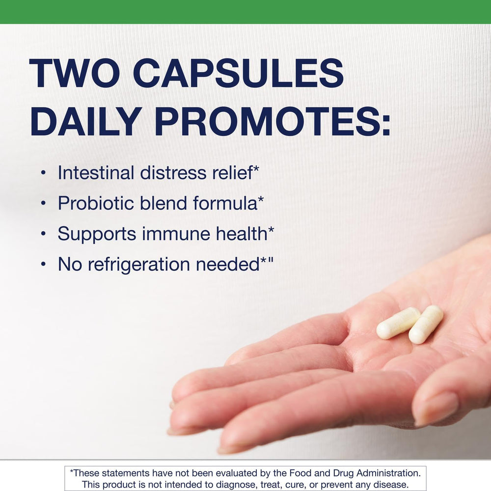 Closeup of Metagenics UltraFlora 299v capsules, a vegetarian, easy-to-swallow daily option.