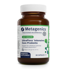 Metagenics UltraFlora Intensive Care probiotic bottle highlighting 20B CFU in a single capsule for digestive balance.