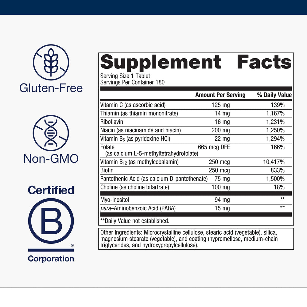 Metagenics B-Complex ingredients panel displaying vitamin C, thiamin, riboflavin