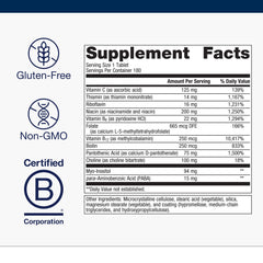 Metagenics B-Complex ingredients panel displaying vitamin C, thiamin, riboflavin