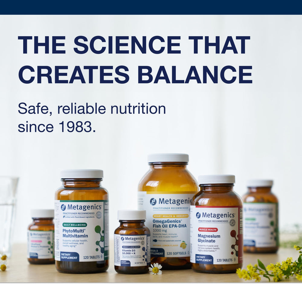 Metagenics Vitamin B-Complex bottle on countertop highlighting calm resilience