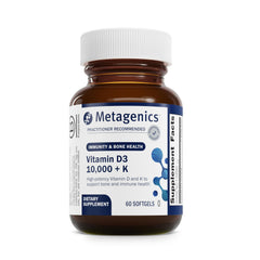 Metagenics Vitamin D3 and K bottle showing 60 softgels for bone and immune support.