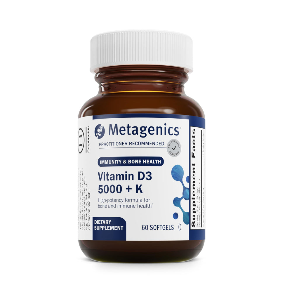 Metagenics Vitamin D3 + K softgel bottle for daily immune and bone support.