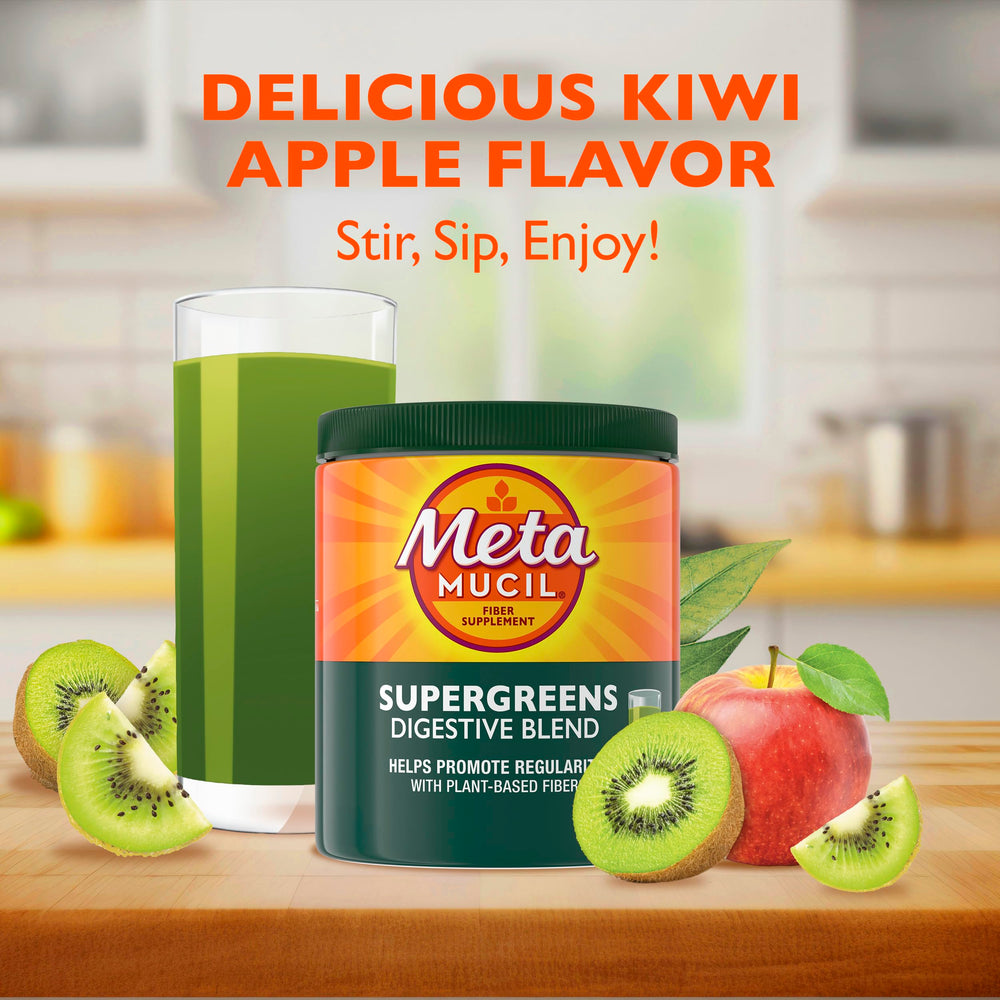 Metamucil Greens powder dissolving in a glass for easy mixing.