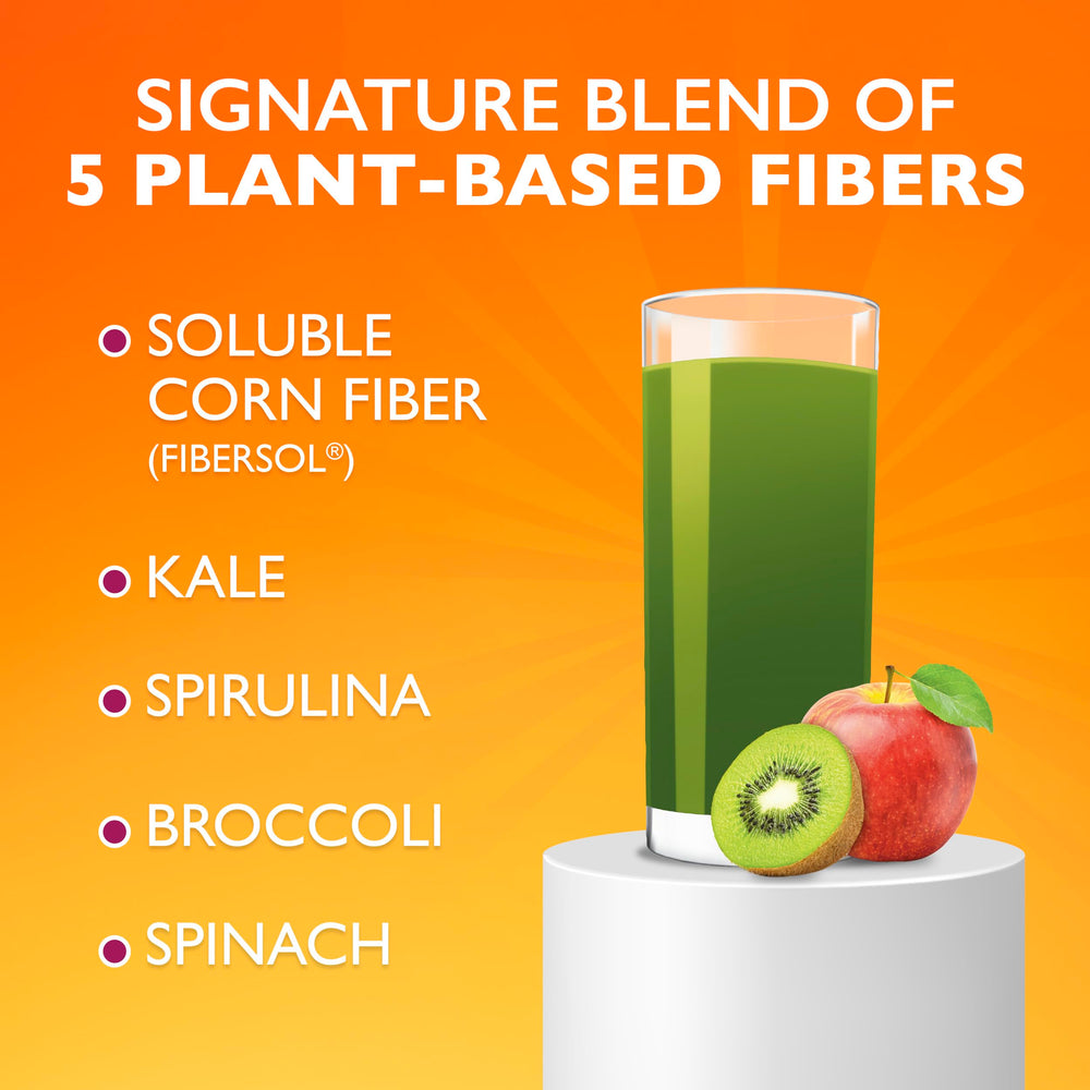 Metamucil Greens powder being poured for convenient fiber intake.