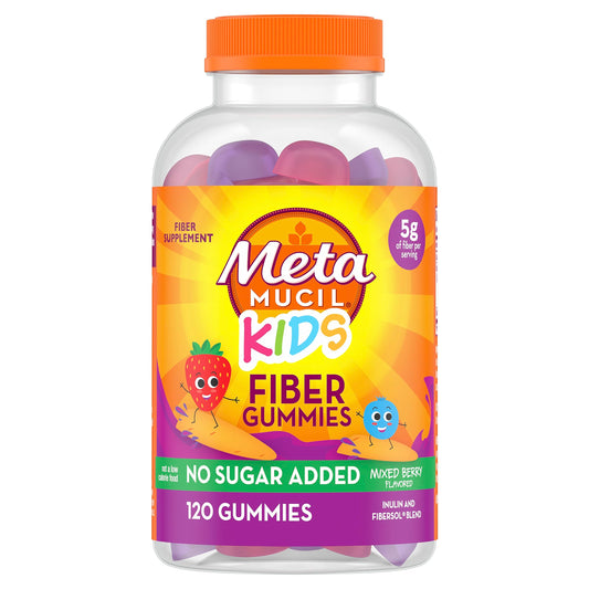Metamucil Kids Fiber Gummies bottle pours with mixed berry flavor for easy daily fiber for kids.