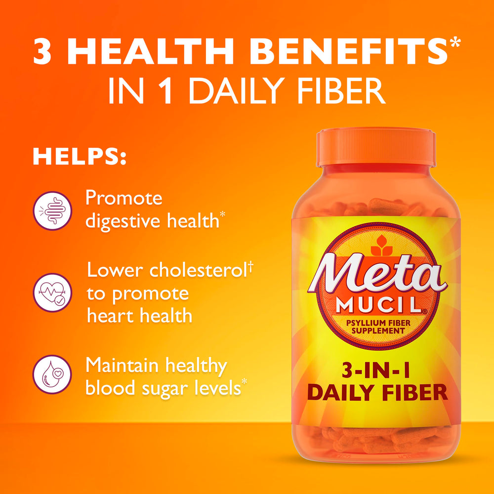 Metamucil label detail highlighting the 3-in-1 psyllium capsule fiber formula.