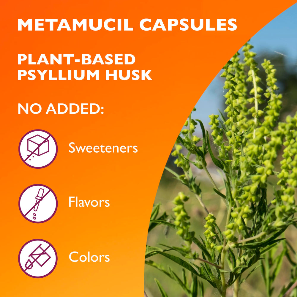 Metamucil measuring scoop with bottle emphasizes portion control for consistent daily intake.