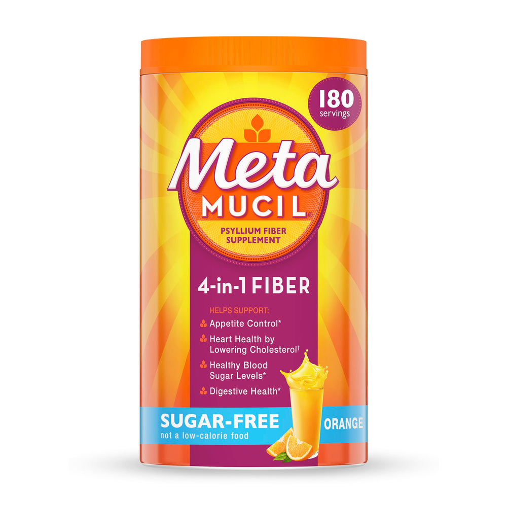 Metamucil orange flavor powder in tub supports daily fiber intake