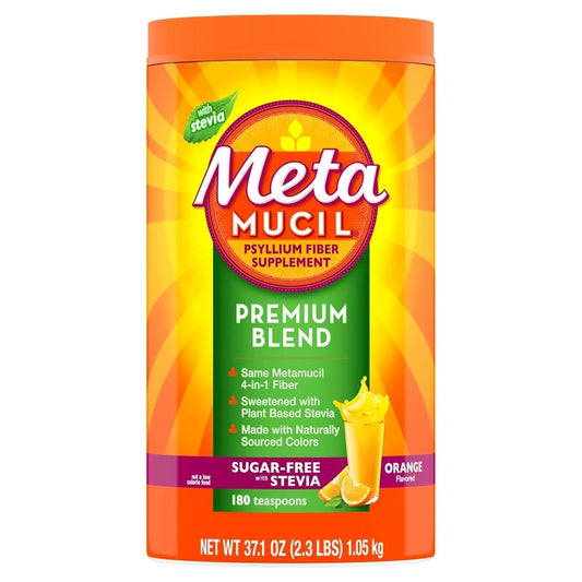Metamucil Premium Blend orange powder being poured for daily digestive support