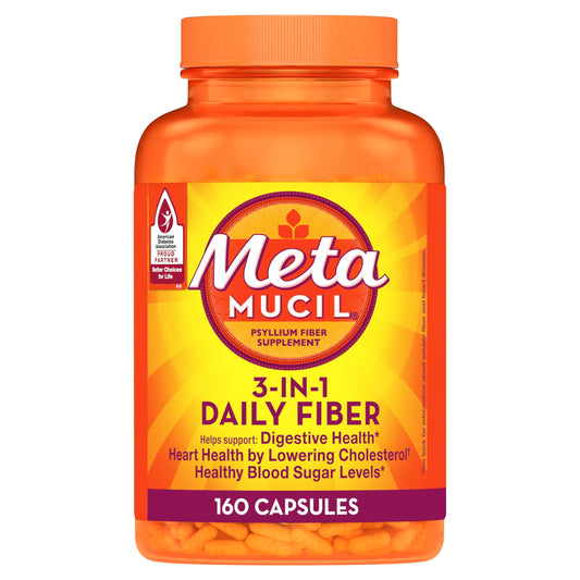 Metamucil psyllium husk fiber bottle front view for daily digestive support.