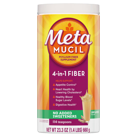 Metamucil unflavored psyllium powder tub supports digestive health and regularity.