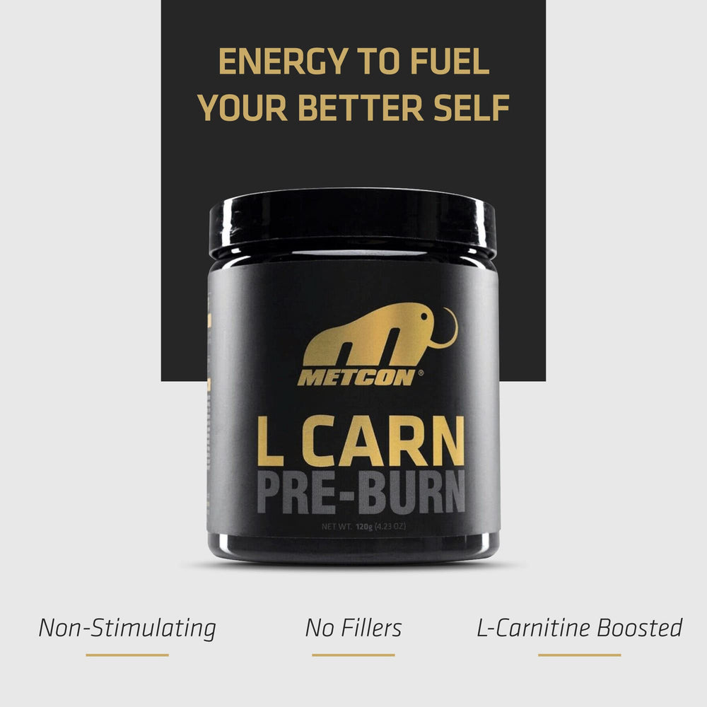 MetCon L-Carn Pre Burn ingredients list highlighting paleo-friendly formula.