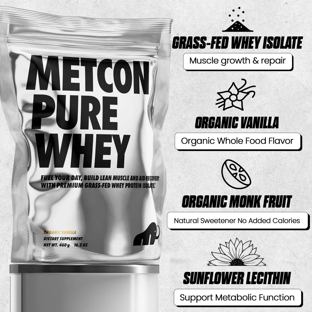 MetCon Whey Protein Isolate grass-fed powder sits on a kitchen scale.