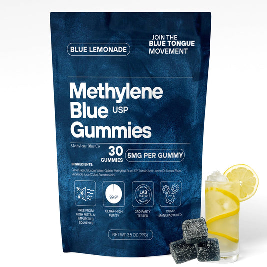 Methylene Blue Co bottle front shows USP 5mg for quick recognition.