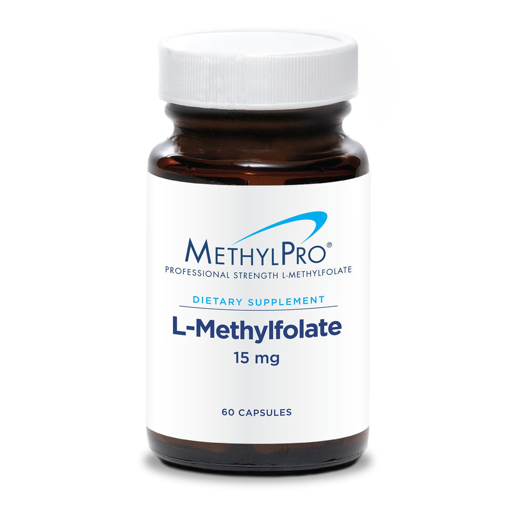 MethylPro L-Methylfolate 15 mg bottle with capsules for brain health support.