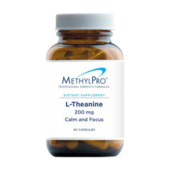 MethylPro L-Theanine 200mg bottle on table showing calm energy and focus