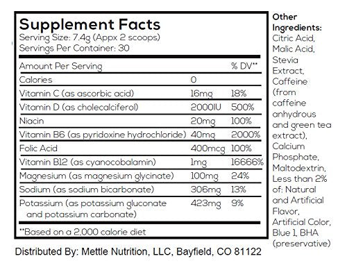 Mettle Energy bottle showing vitamin B-complex for sustained focus.