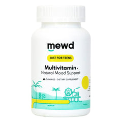 MEWD teen/kids daily multivitamin gummy bottle illustrates mood support and immune benefits.