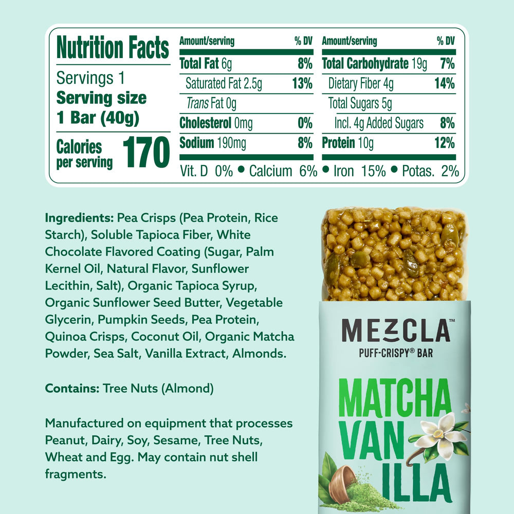 Mezcla matcha-vanilla bar showcasing earthy flavor with vanilla sweetness.