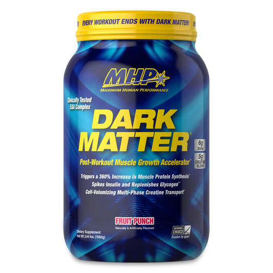 Maximum Human Performance MHP Dark Matter bottle front highlighting post-workout recovery option.