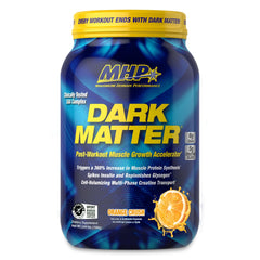 MHP Dark Matter bottle side view highlighting Orange Crush flavor and recovery support.