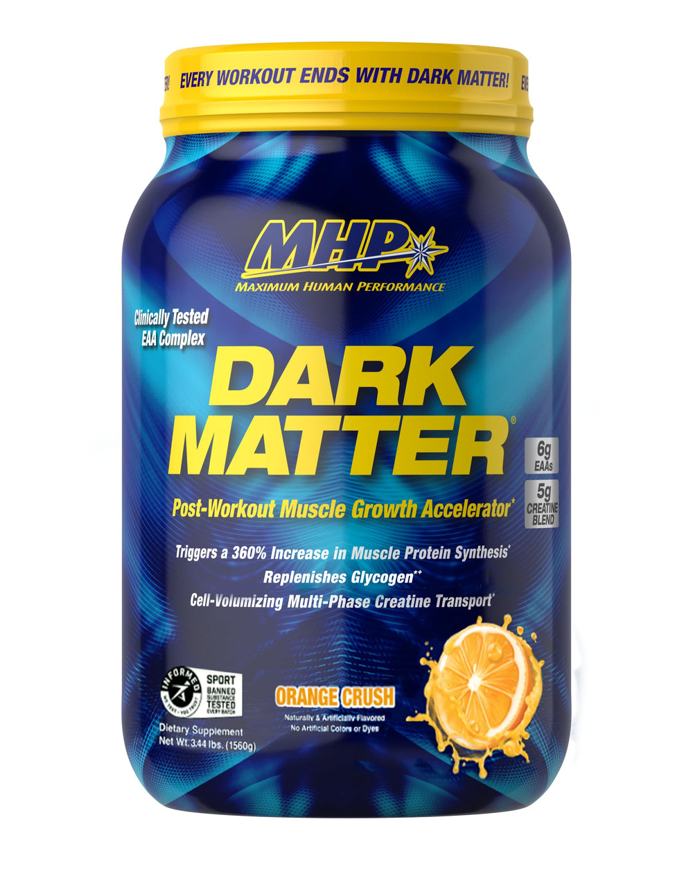 MHP Dark Matter bottle top view for post-workout recovery support.