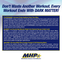 MHP Dark Matter label closeup highlighting ProSYNTHAGEN and WaxiMAX ingredients.