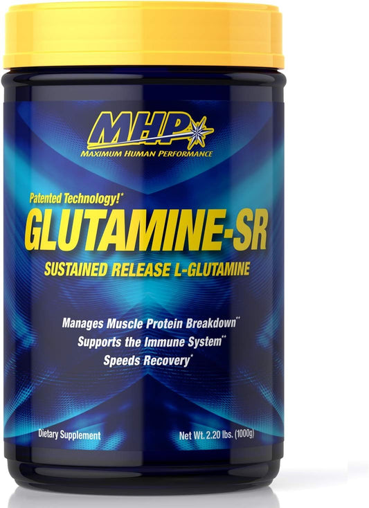 Maximum Human Performance MHP Glutamine SR bottle pour highlights steady-release glutamine for steady recovery
