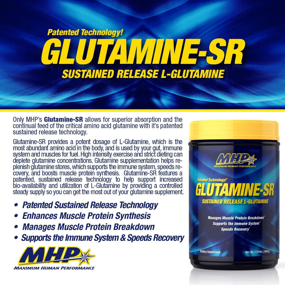 Maximum Human Performance MHP Glutamine SR scoop highlights convenient dosing for muscle recovery support