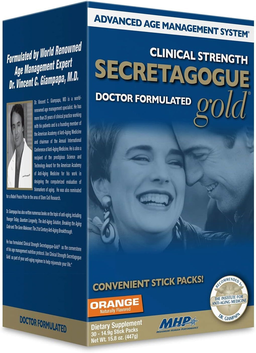 MHP Secretagogue Gold Orange bottle pour shows focus and vigor.