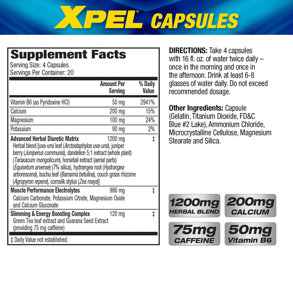 MHP XPEL bottle back label, listing herbal ingredients for potential performance support.