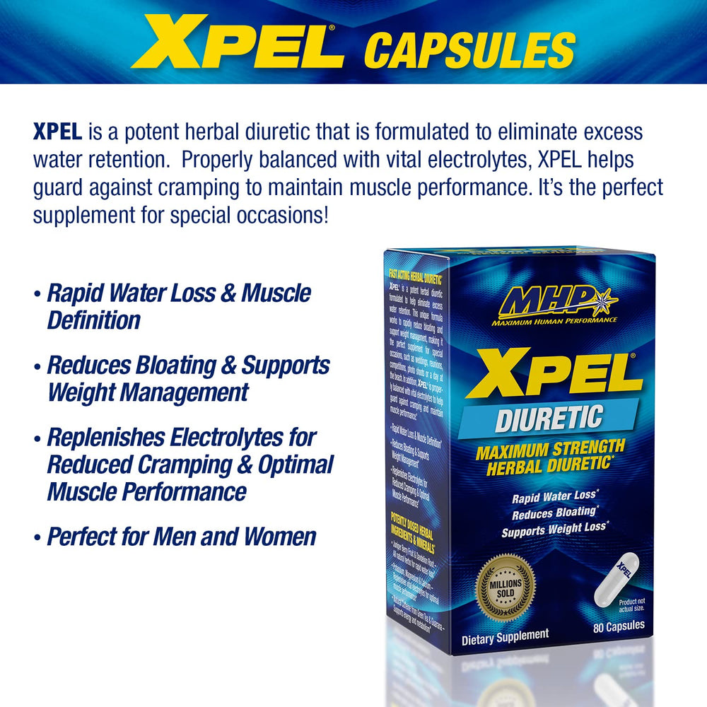 MHP XPEL capsules close-up showing the product form for potential fluid balance support.