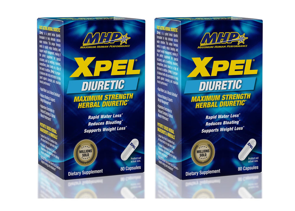 MHP XPEL bottle front view with capsules, hinting at potential water balance support.