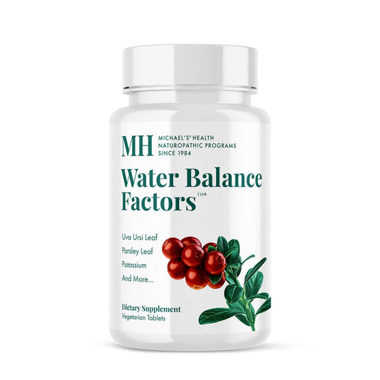Michael's Water Balance Factors bottle with label highlighting potassium support for fluid balance.