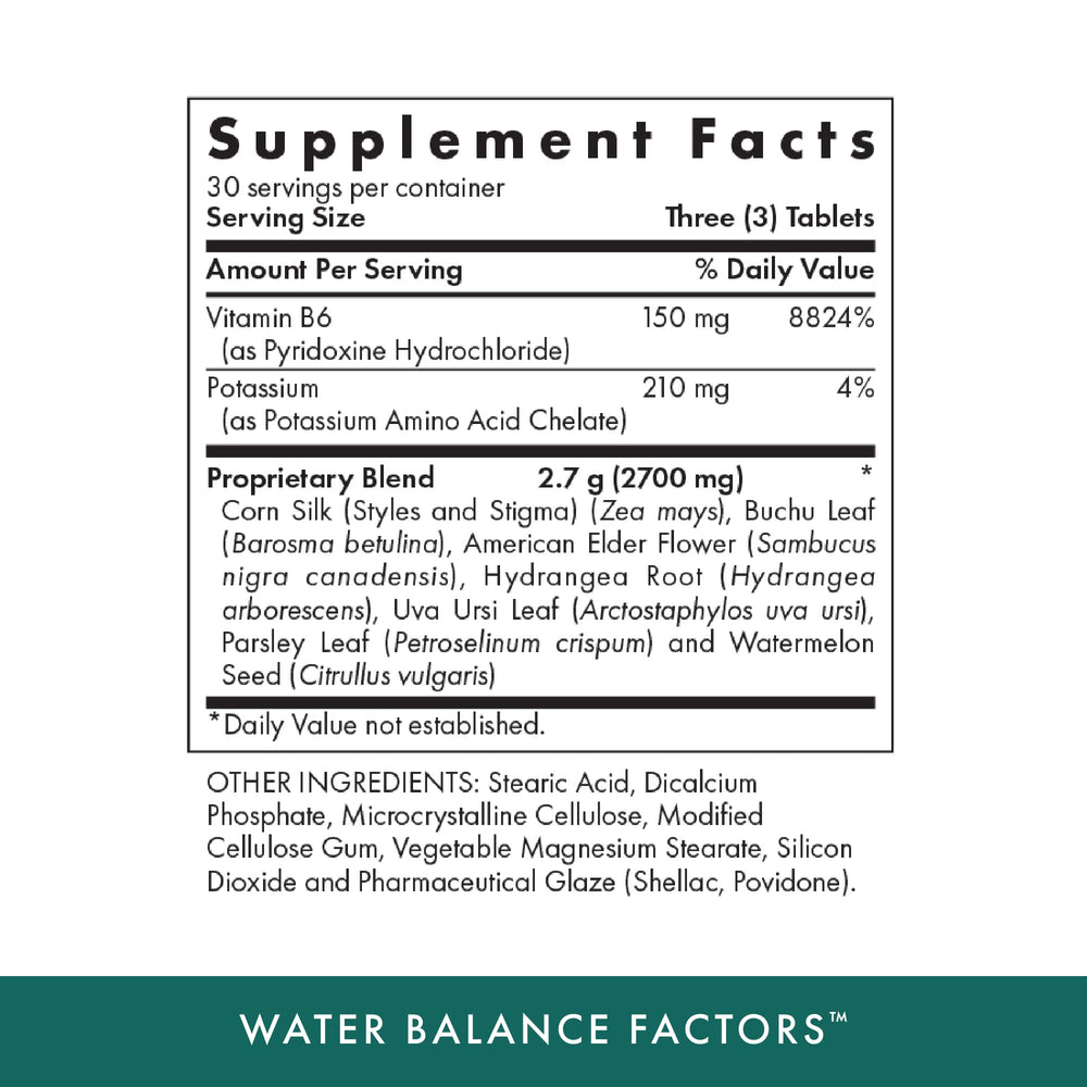 Michael's Water Balance Factors ingredients list shows potassium and vitamin B6 for balance.