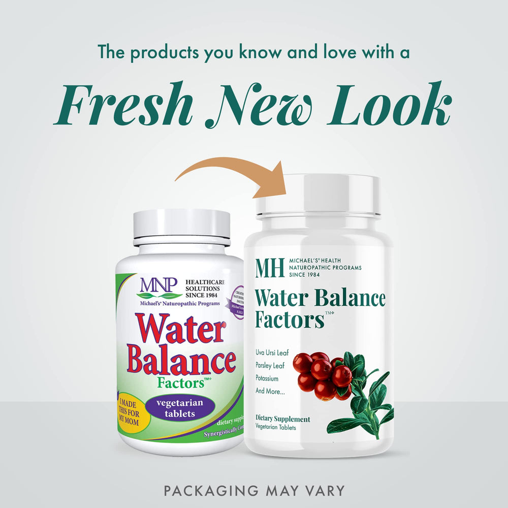 Packaging of Michael's Water Balance Factors featuring gluten-free and kosher certifications.
