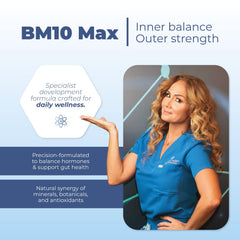 Michelle Peiret BM10 Max packaging showing vegan capsules and clean formula