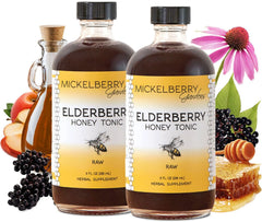 Mickelberry Gardens elderberry honey tonic bottle displaying the immune-support blend