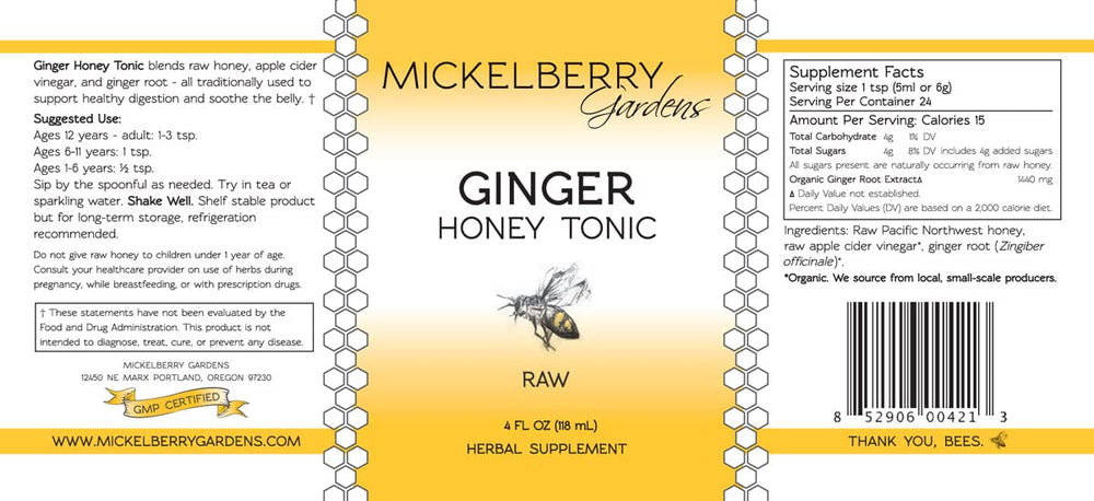 Mickelberry Gardens label close-up showing ingredients for clean energy and overall wellness.