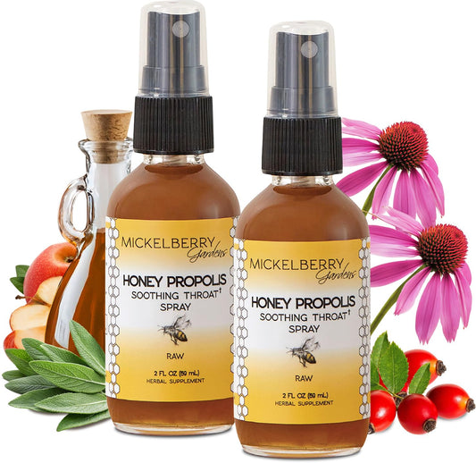Mickelberry Gardens Honey Propolis Throat Spray bottle for quick relief on the go