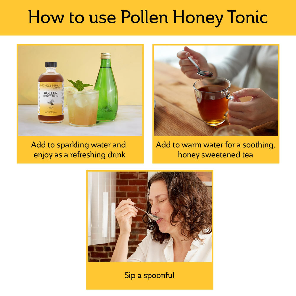 Mickelberry Gardens Pollen Honey Tonic ingredients close-up shows nettle and pollen.